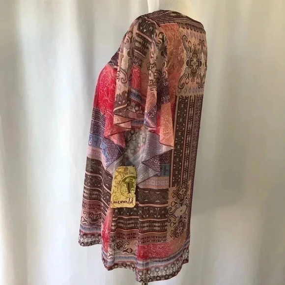 One World Mulit Color Boho Short Sleeve Shirt M - Picture 6 of 8